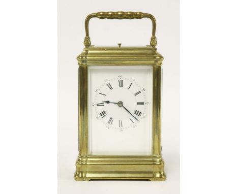 A French gilt brass gorge case grande sonnerie carriage clock,c.1890, by Henri Jacot, with repeat mechanism, the enamel dial 