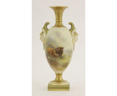 A Royal Worcester Vase,dated 1910, painted with highland cattle, signed 'H Stinton' numbered 1716 and with date code,21cm hig