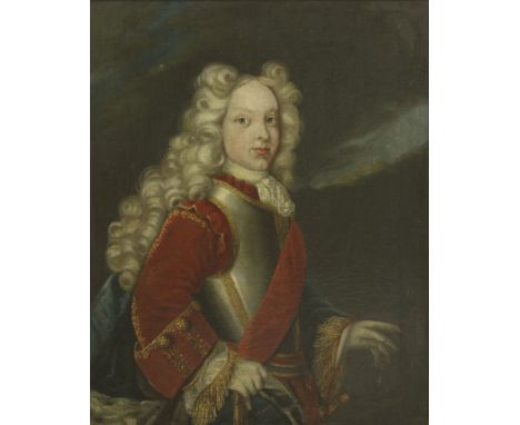 Italian School, early 18th centuryPORTRAIT OF A YOUNG NOBLEMAN, HALF LENGTH IN A RED COAT AND BREASTPLATEOil on canvas79 x 63