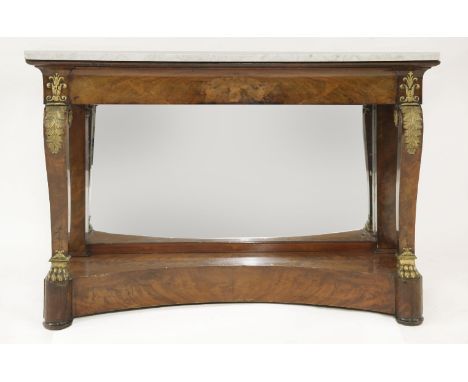 A mahogany console table, 19th century, with grey and white marble top over a figured frieze drawer flanked by neoclassical f