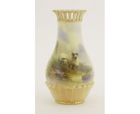 A Royal Worcester Vase,dated 1909, of bottle form painted with sheep in a highland landscape, signed 'H Davis', with a pierce