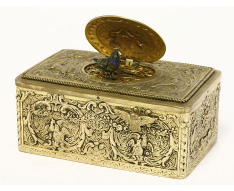 A Bontems-type spring-driven gilt metal automaton 'Singing Bird' musical box,decorated with foxes and birds within a scrollwo