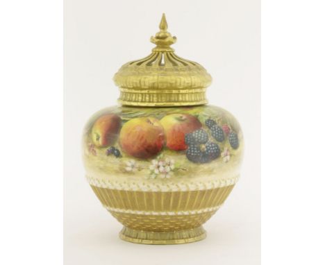 A Royal Worcester Vase,dated 1926, painted with fruit on a mossy bank, signed 'Ricketts', with small internal lid and pierced