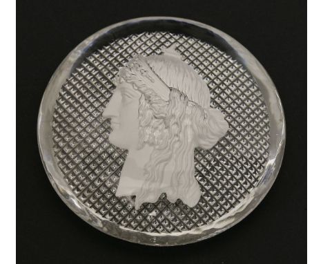 A sulphide Portrait of a Greek goddess,19th century, in profile, facing left, circular, with hatched back,7.5cm diameter1.5cm