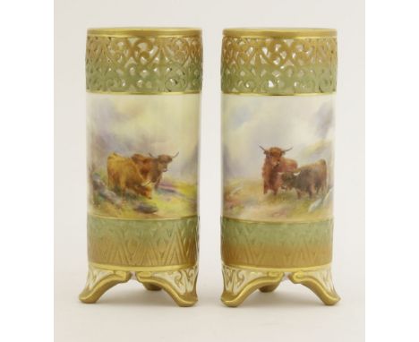 A pair of Royal Worcester cylinder Vases,dated 1910, painted with highland cattle, signed 'H Stinton', with pierced blush gro