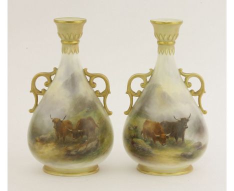 A pair of Royal Worcester Vases,dated 1908, painted with highland cattle, signed 'H Stinton', shape number 995 with date code