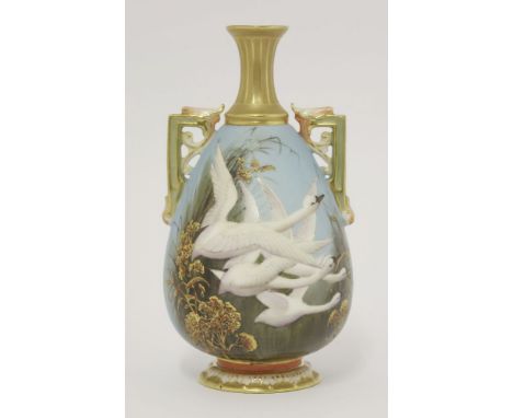 A Royal Worcester Vase, dated 1903, painted with swans in flight, signed 'C Baldwyn', shape number 1539, 15.5cm high