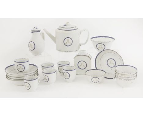 A Chinese porcelain export part Tea and Coffee Service, c.1790, each piece painted with blue borders enclosing black and whit