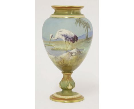 A Royal Worcester Vase,dated 1909, painted with a crane in a desert rock pool, signed 'W Powell', shape number 2260 with date