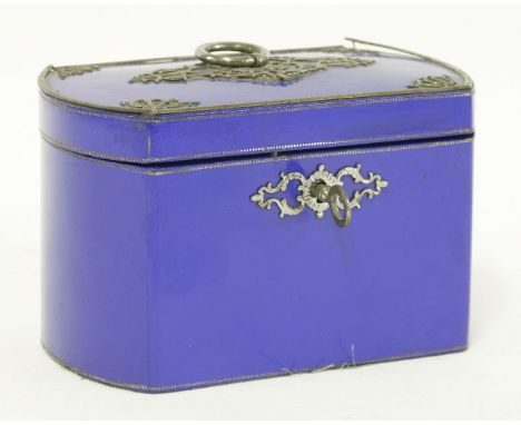 A blue lacquer tea caddy, 19th century, with cut steel mounts,16cm wide10cm deep11cm high