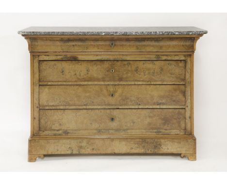 A French burr walnut commode, with a veined marble slab top over an ogee frieze drawer and three long drawers, 127.5cm wide 6