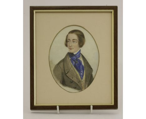 Philip Barnard (fl.1840-1884)PORTRAIT OF A YOUNG MAN, SAID TO BE CHARLES DICKENS (1812-1870), IN A GREY COAT AND BLUE CRAVATS