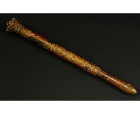 A George III hand-painted tipstaff or truncheon,with crown terminal and painted heraldic arms, initialled 'GR' and 'WW', prob