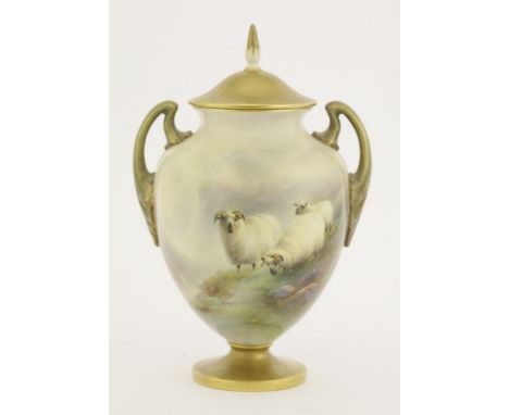 A Royal Worcester Vase,dated 1894, painted with three sheep on a hillside, signed 'H Davis', shape number 2701,16cm high