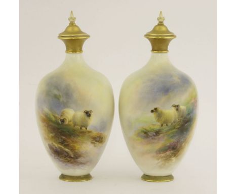 A pair of Royal Worcester Vases and Covers,dated 1913, each painted with sheep, signed 'H Davies' and numbered 294, one resto