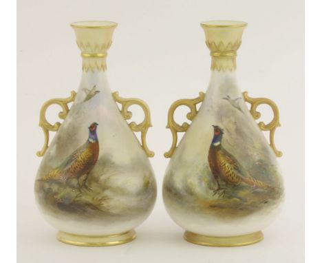 A pair of Royal Worcester Porcelain Vases,dated 1895, each painted with a pheasant, signed 'JAS Stinton' and shape number 995