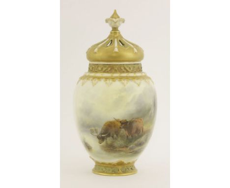 A Royal Worcester Pot Pourri Vase, dated 1919, painted with highland cattle, signed 'J Stinton', with an internal lid and pie