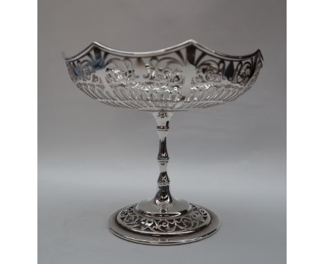 A George V silver pedestal bowl with a pierced pointed circular bowl on a ring turned column and pierced spreading foot, Shef