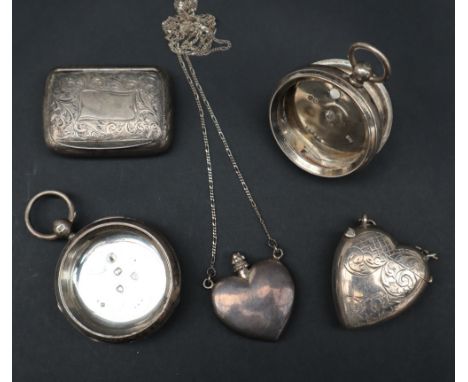 Two silver watch cases together with a silver pill box, overall approximately 110 grams a white metal heart shaped vesta case
