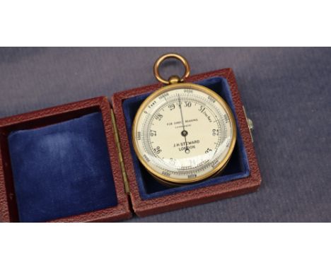 A J H Steward pocket barometer, in a cylindrical brass case, the silvered dial inscribed "For direct reading, compensated, J 
