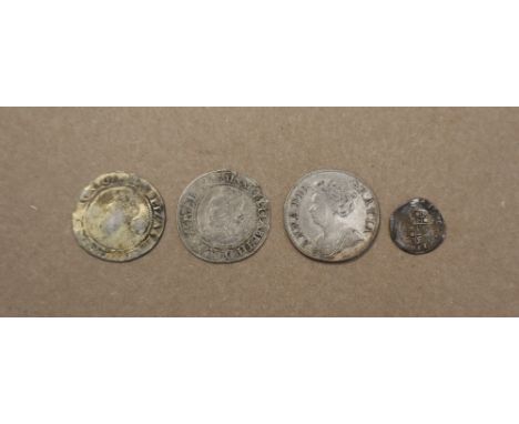 An Elizabeth I silver sixpence dated 1566 together with a 1571 example, a Queen Anne 1711 shilling and a Charles I half groat