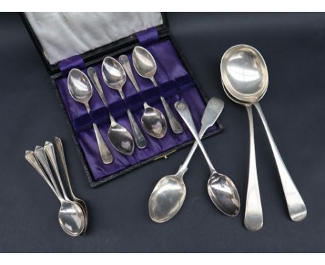 A pair of George V silver soup spoons, Sheffield, 1925, Cooper Brothers & Sons Ltd, together with assorted silver and plated 