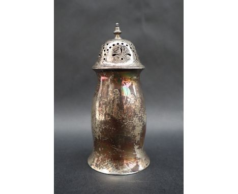 A George V silver sugar caster with a turned finial and pierced domed lid, the body with a bellied body, London, 1836, Josiah