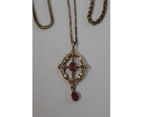 A 9ct gold ruby and seed pearl pendant on a 9ct gold chain together with 9ct gold necklaces, overall approximately 16.5 grams