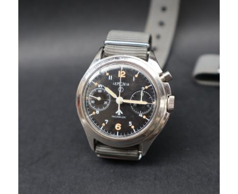 An RAF Lemania single push chronograph stainless steel wristwatch, 40mm case, black dial with two subsidiaries, white and lum