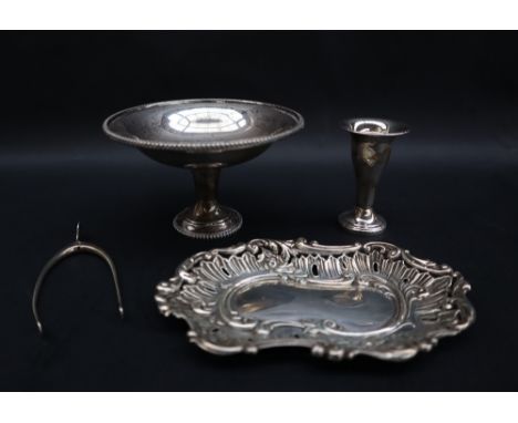 A George VI silver wish bone sugar nips, Birmingham, 1949, together with a silver pedestal dish and a silver bon bon dish, ov