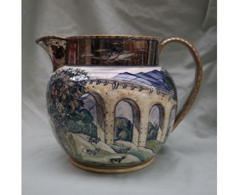 A 19th Century pottery jug decorated with a viaduct, trees and cattle with silver lustre highlights, painted marks to the bas