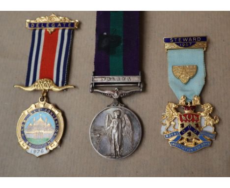 An Elizabeth II General Service medal with Malaya bar issued to 22860137 Sig R Webb R Sigs, together with a Masonic jewel and