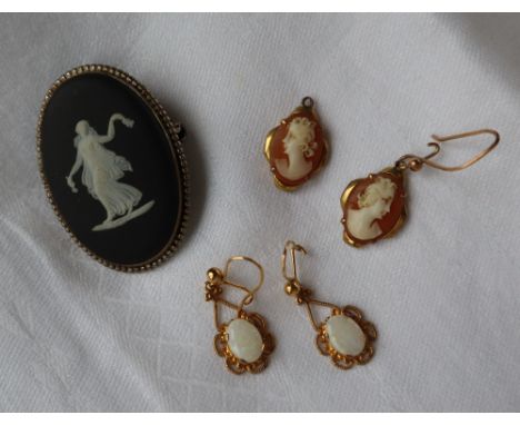 A pair of 9ct gold opal set drop earrings, together with a pair of shell cameo earrings and a Wedgwood black jasper brooch