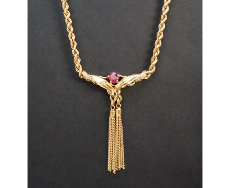 An 18ct yellow gold rope twist necklace, set with a ruby held between hands with tassels underneath, 50cm long, approximately