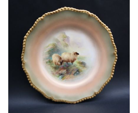 A Royal Worcester cabinet plate with a wavy gilt rim, painted to the centre with sheep in a landscape, signed H Davis, puce m