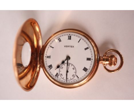 A 9ct gold keyless wound Vertex half hunter pocket watch, the cover with bulls eye and blue enamel Roman numerals, white enam