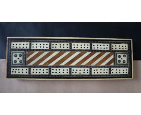 A 19th century bone and metal inlaid Cribbage board of rectangular form, with base drawer with two bone markers, 24cm long