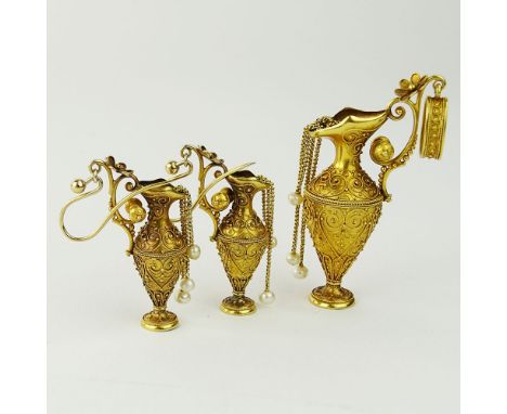 Victorian Etruscan Revival Filigree Yellow Gold and Pearl Ewer Pendant and Earring Suite. Unsigned. Small dent to pendant oth