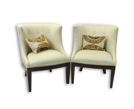 Pair of Berhardt Furniture Barrel Back Slipper Chairs. Label to underside. Good condition. Slight fading to upholstery. Measu