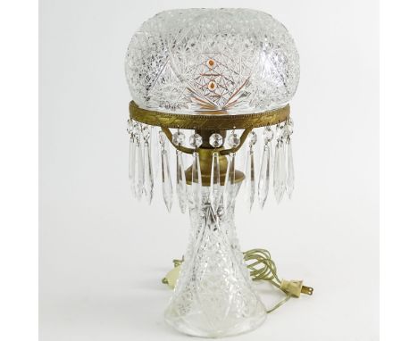 Antique American Brilliant Cut Glass Lamp with Mushroom Dome Shade and Prisms. Unsigned. One chip on underside rim of shade. 