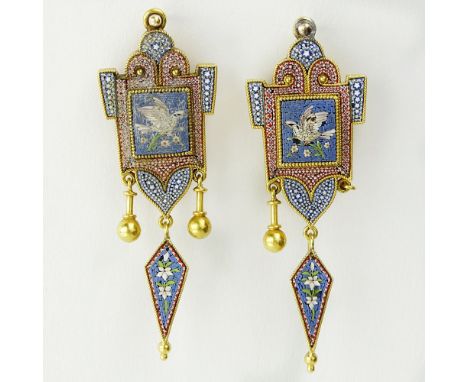 Pair of 19th Century Probably Castellani Micro Mosaic and 18 Karat Yellow Gold Earrings. Stamped (illegible). Small losses to