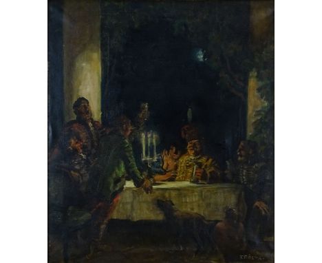 Tibor (Theodor) Pólya Hungarian (1886-1937) Oil on Canvas "Toasting the Premier" Signed T. Polya Lower Right. Craquelure or e