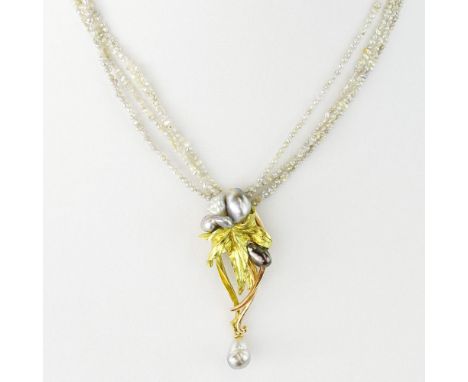 Lady's Art Nouveau 18 Karat Yellow and Rose Gold and Baroque Pearl Brooch with Baroque Pearl Necklace with 18 Karat Yellow an