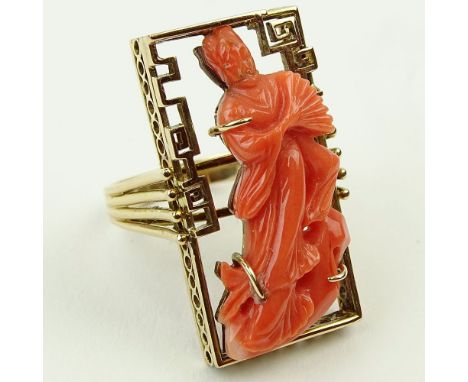 Lady's Vintage Asian style Carved Red Coral and 14 Karat Yellow Gold Ring. Signed 14K 585. Very good condition. Ring size 7. 