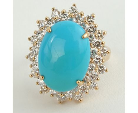 Lady's 8.50 Carat Cabochon Turquoise, 3.0 Carat Round Cut Diamond and 14 Karat Rose Gold Ring. Diamonds G-H color, SI1-SI2 cl