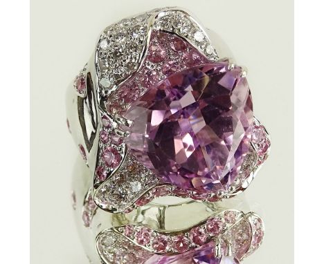 Lady's Approx. 10.0 Carat Kunzite, Diamond and 18 Karat White Gold Ring. Kunzite with vivid pink saturation of color. Diamond