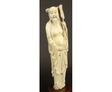 19/20th C Chinese Carved Ivory Figure "Immortal". Pinned to Hardwood Base. No Signature Visible. Minor Typical age Hairline C