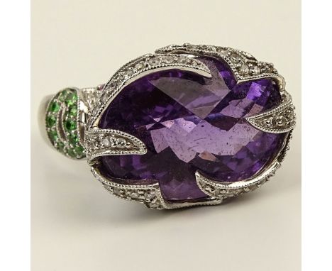 Lady's Amethyst and 14 Karat White Gold Ring with Multi stone Accents. Signed 14K. Very good condition. Ring size 6. Approx. 