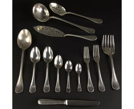 Fifty-Five Piece Christofle Mimosa Silver Plate Partial Flatware Set. Includes 10 forks 7",10 knives, 13 place spoons, 10 dem