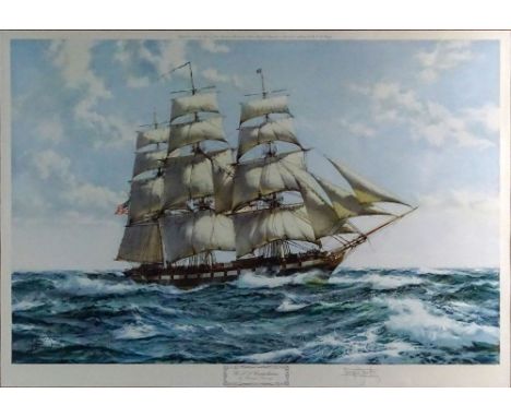 Montague Dawson (1890 or 95-1973) Color Lithograph. "USS Constellation" Signed in Pencil. Light toning from age or in good co